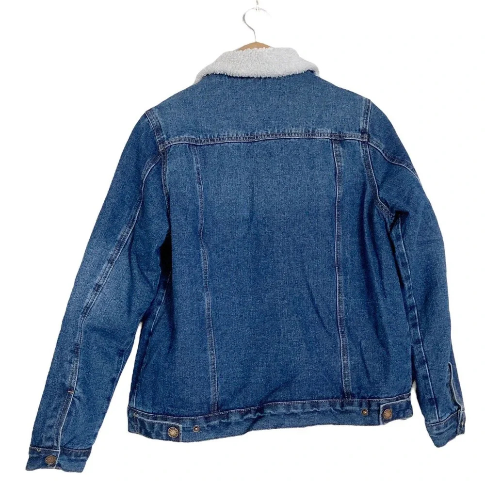 Denim Jacket Womens Small Sherpa Lined Trucker Distressed Fur Collar Cotton Poly
